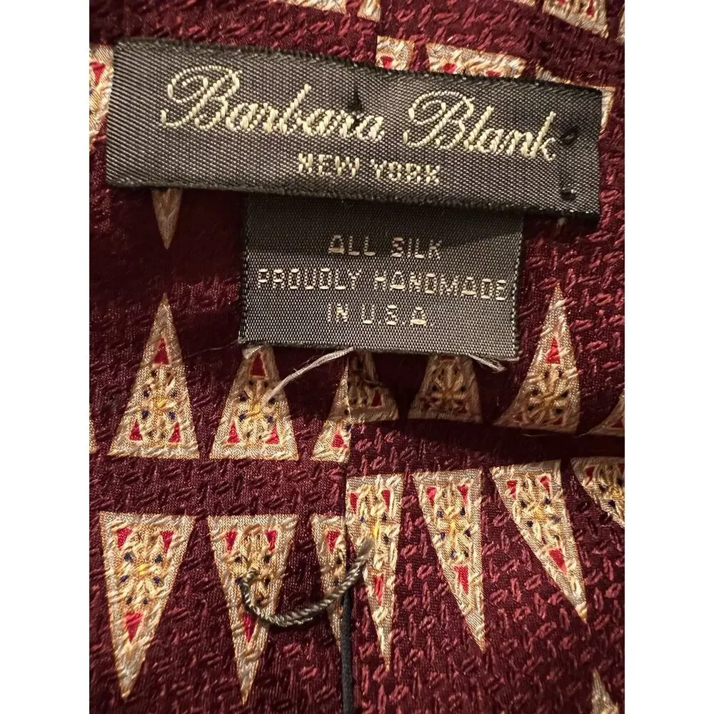 Barbara Blank Men's Necktie Tie Silk Hand Made USA Beige Burgundy 66 1/2